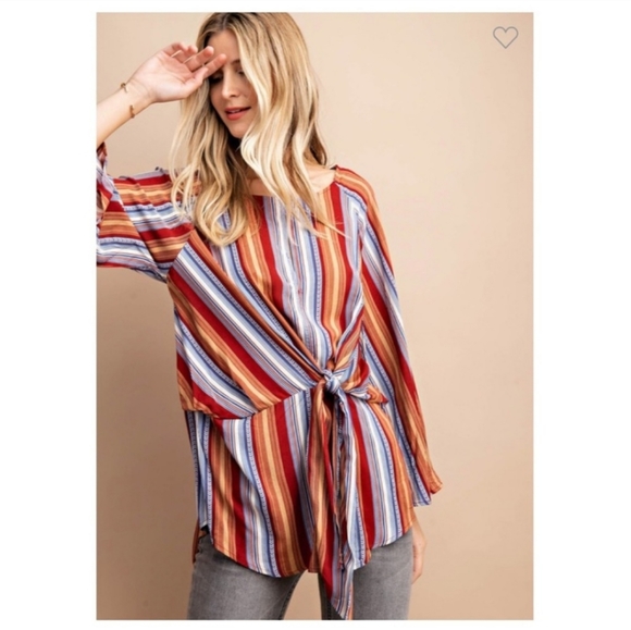 KORI BOHO Tie Detail Mocha Striped Tunic - Picture 6 of 16